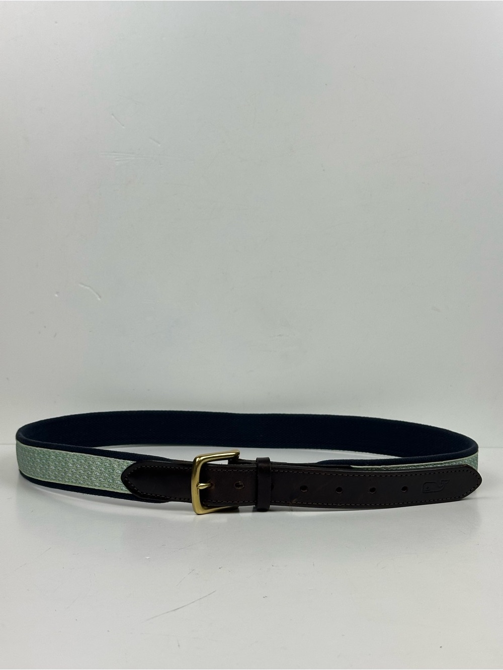 Vineyard Vines Whale Pattern Belt with Brown Leather Trim